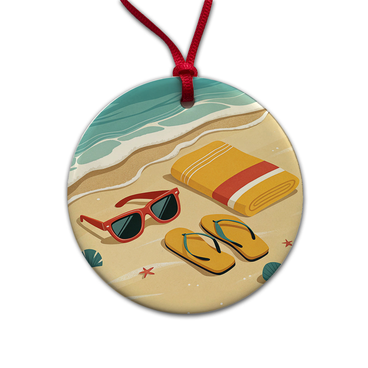 Retro Style Sunglasses Flip Flops Towel On Sandy Beach Round Ceramic Holiday Christmas Tree Ornament