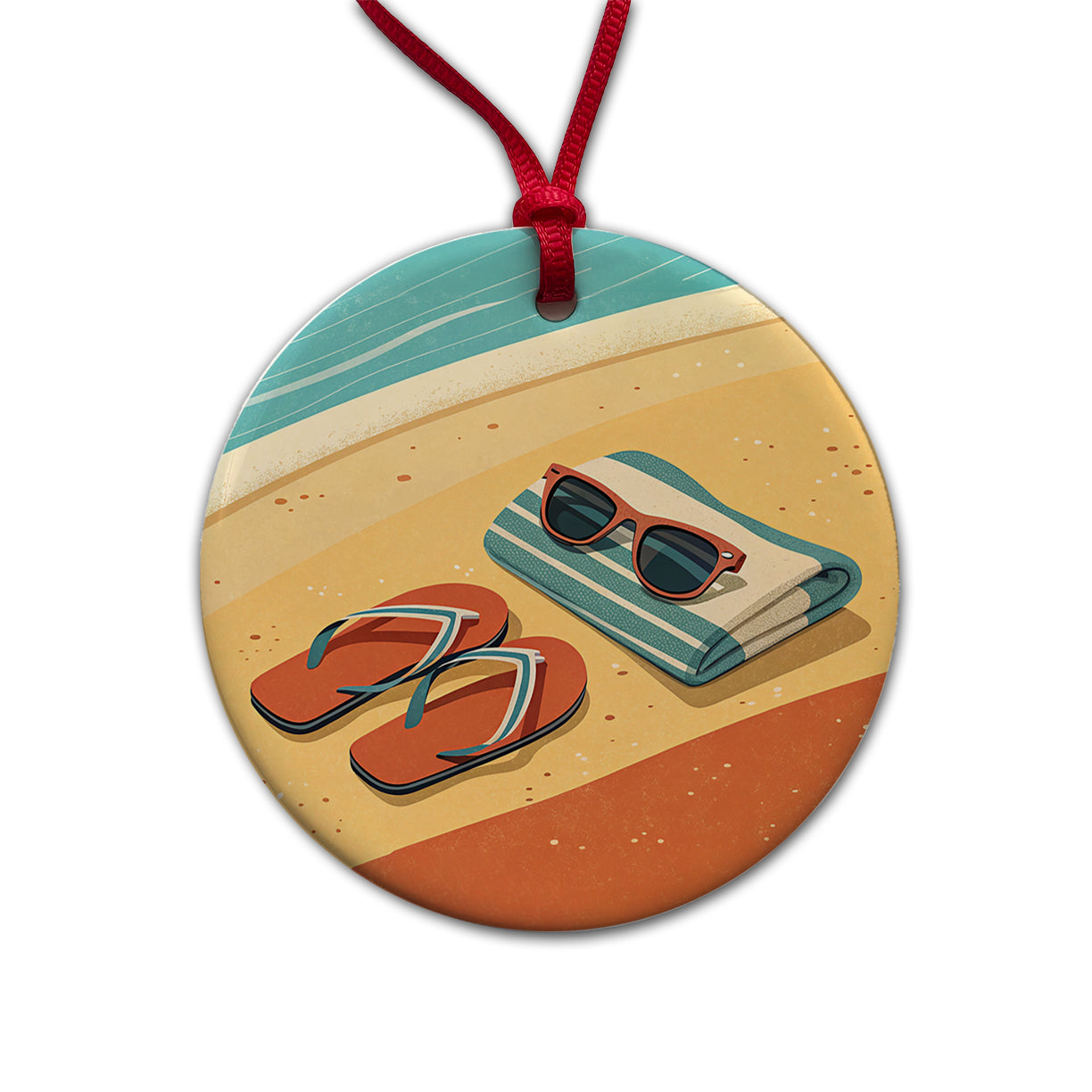 Retro Sunglasses Flip Flops Towel On Sand Beach Ocean Round Ceramic Holiday Christmas Tree Ornament