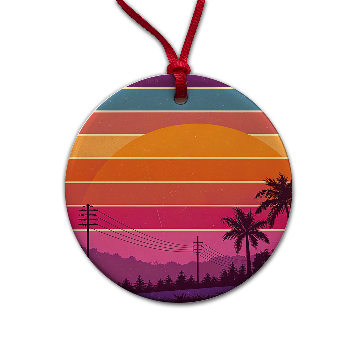 Retro Sunset Stripes Round Ceramic Holiday Christmas Tree Ornament