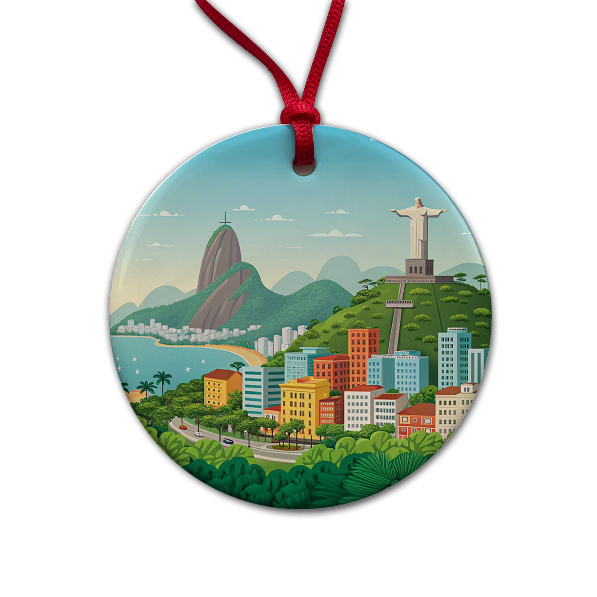 Rio De Janeiro Brazil Travel Drawing Round Ceramic Holiday Christmas Tree Ornament
