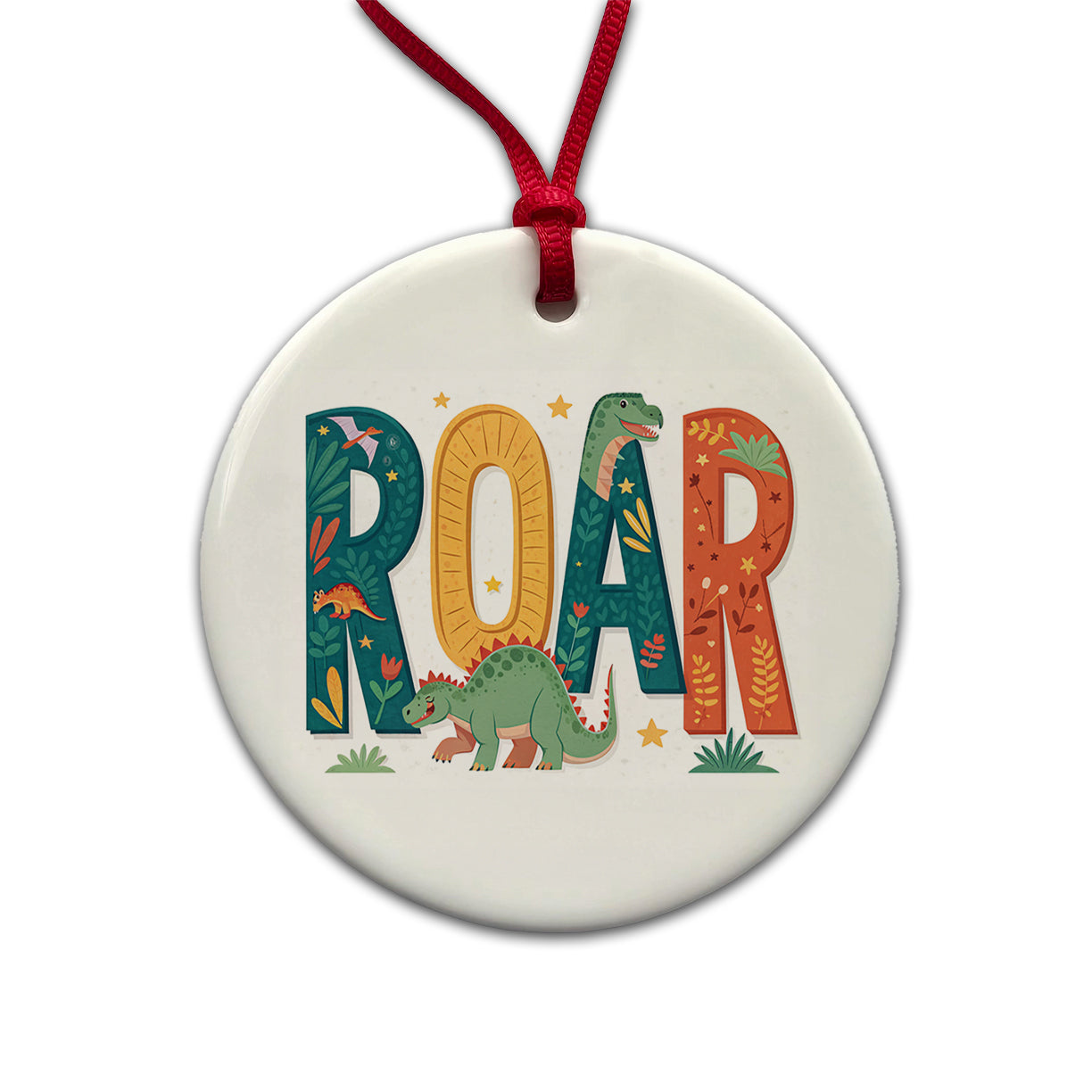 Roar Bold Colorful Dinosaurs Cute Round Ceramic Holiday Christmas Tree Ornament