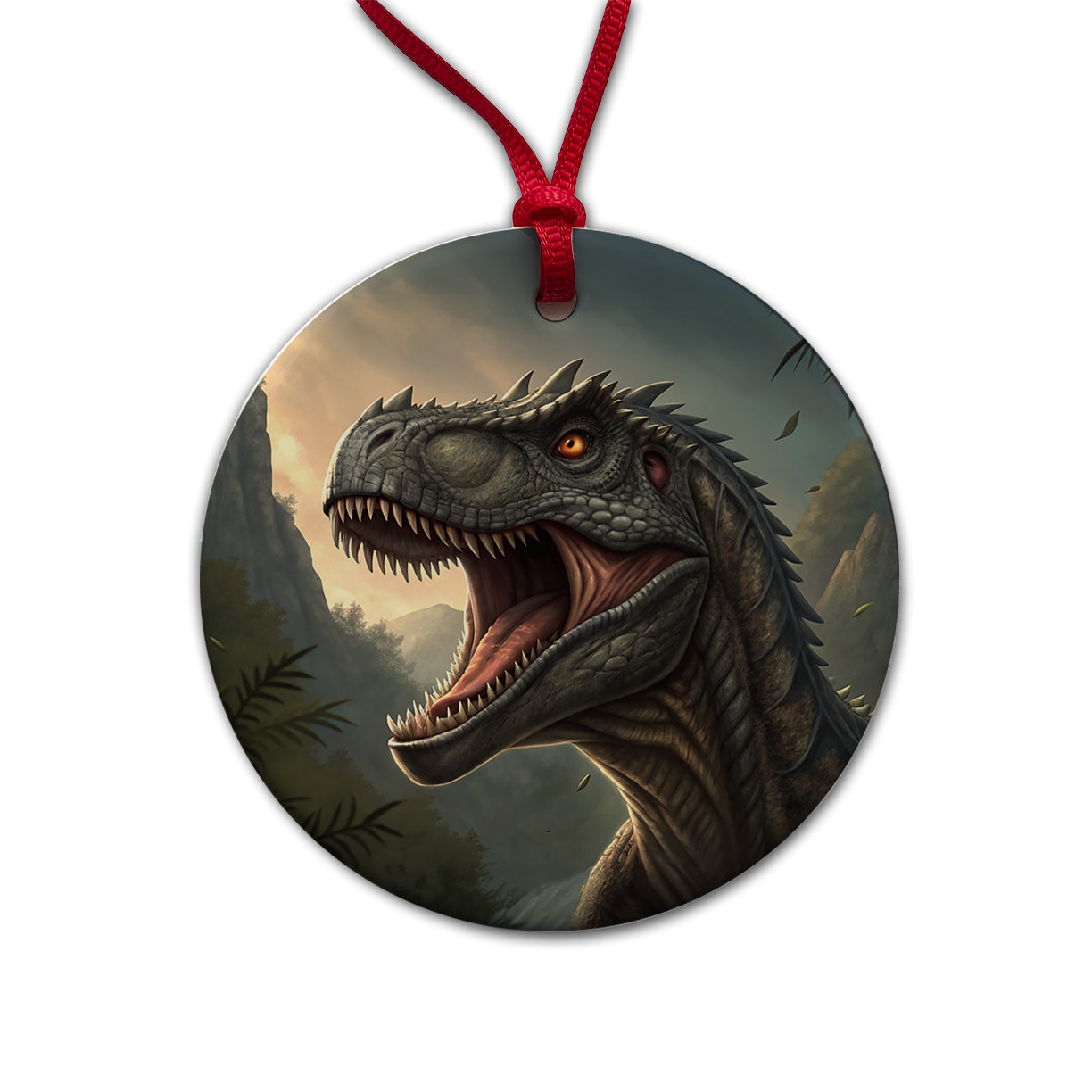 Roaring Allosaurus Dinosaur Round Ceramic Holiday Christmas Tree Ornament