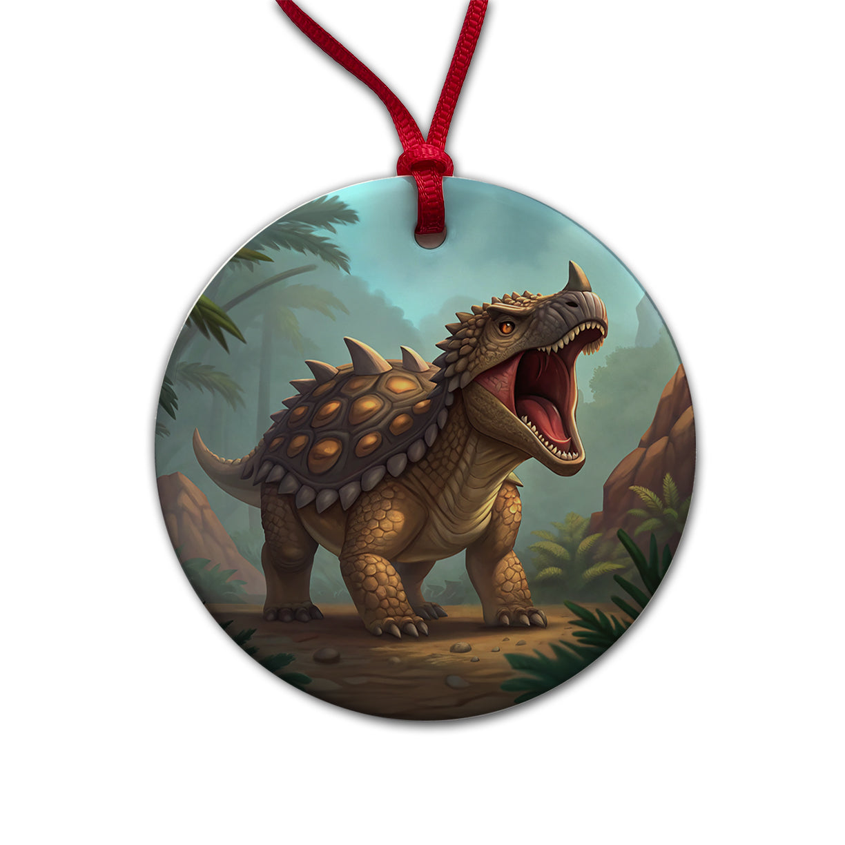 Roaring Ankylosaurus Dinosaur Mountains Round Ceramic Holiday Christmas Tree Ornament