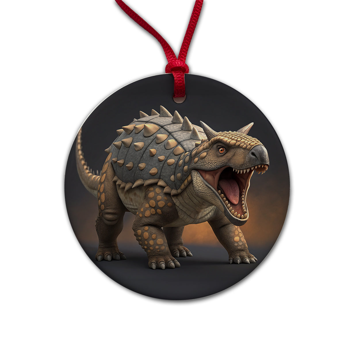 Roaring Ankylosaurus Dinosaur Round Ceramic Holiday Christmas Tree Ornament