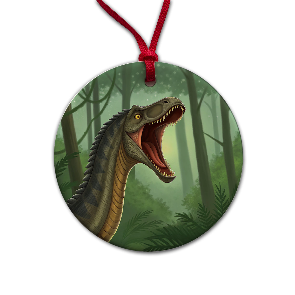 Roaring Apatosaurus Dinosaur Forest Round Ceramic Holiday Christmas Tree Ornament
