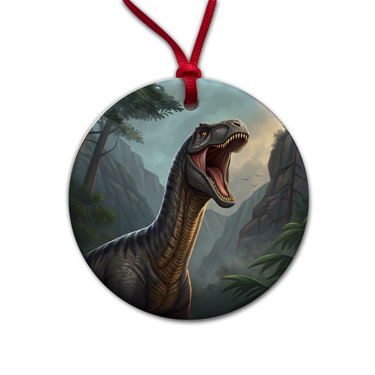 Roaring Argentinosaurus Dinosaur Mountains Round Ceramic Holiday Christmas Tree Ornament