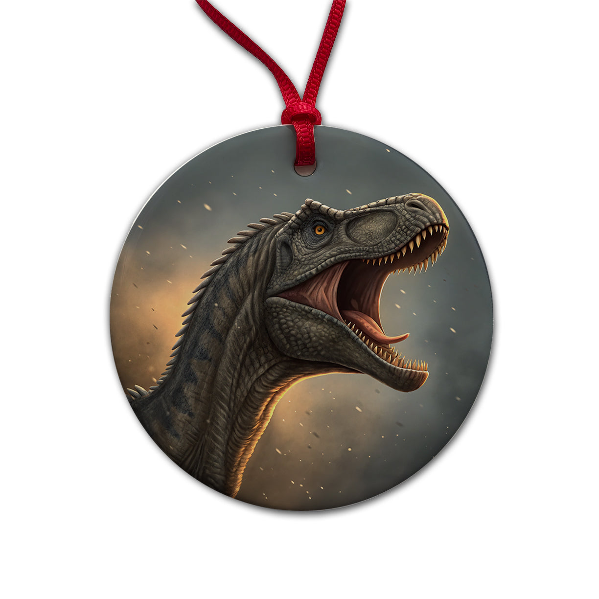 Roaring Brontosaurus Dinosaur Round Ceramic Holiday Christmas Tree Ornament