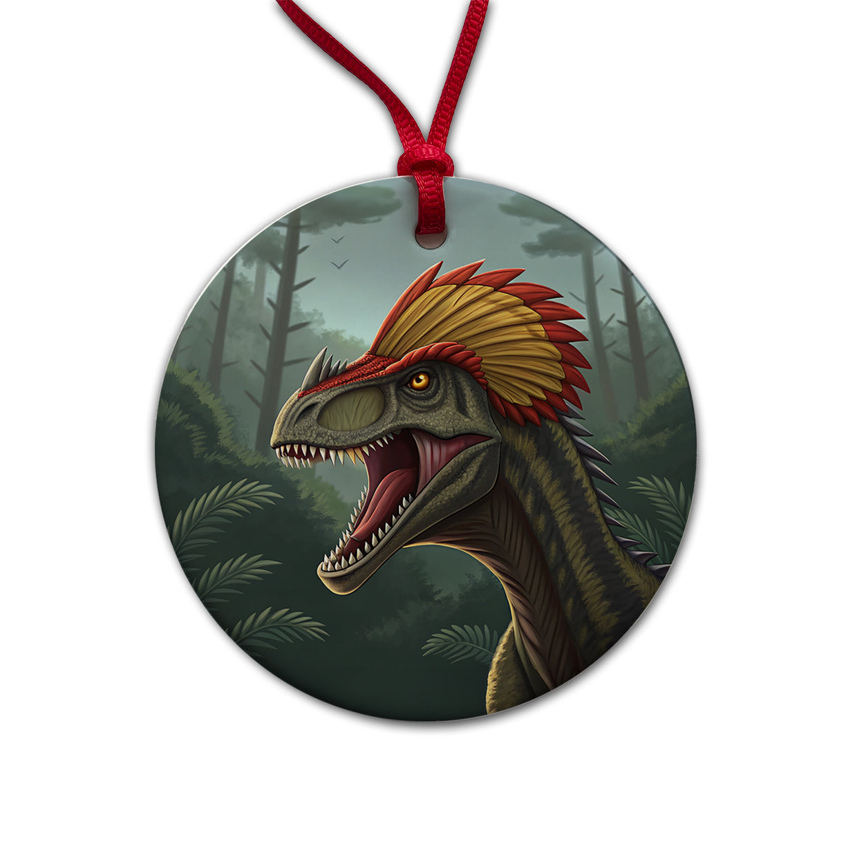 Roaring Dilophosaurus Dinosaur Scary Round Ceramic Holiday Christmas Tree Ornament
