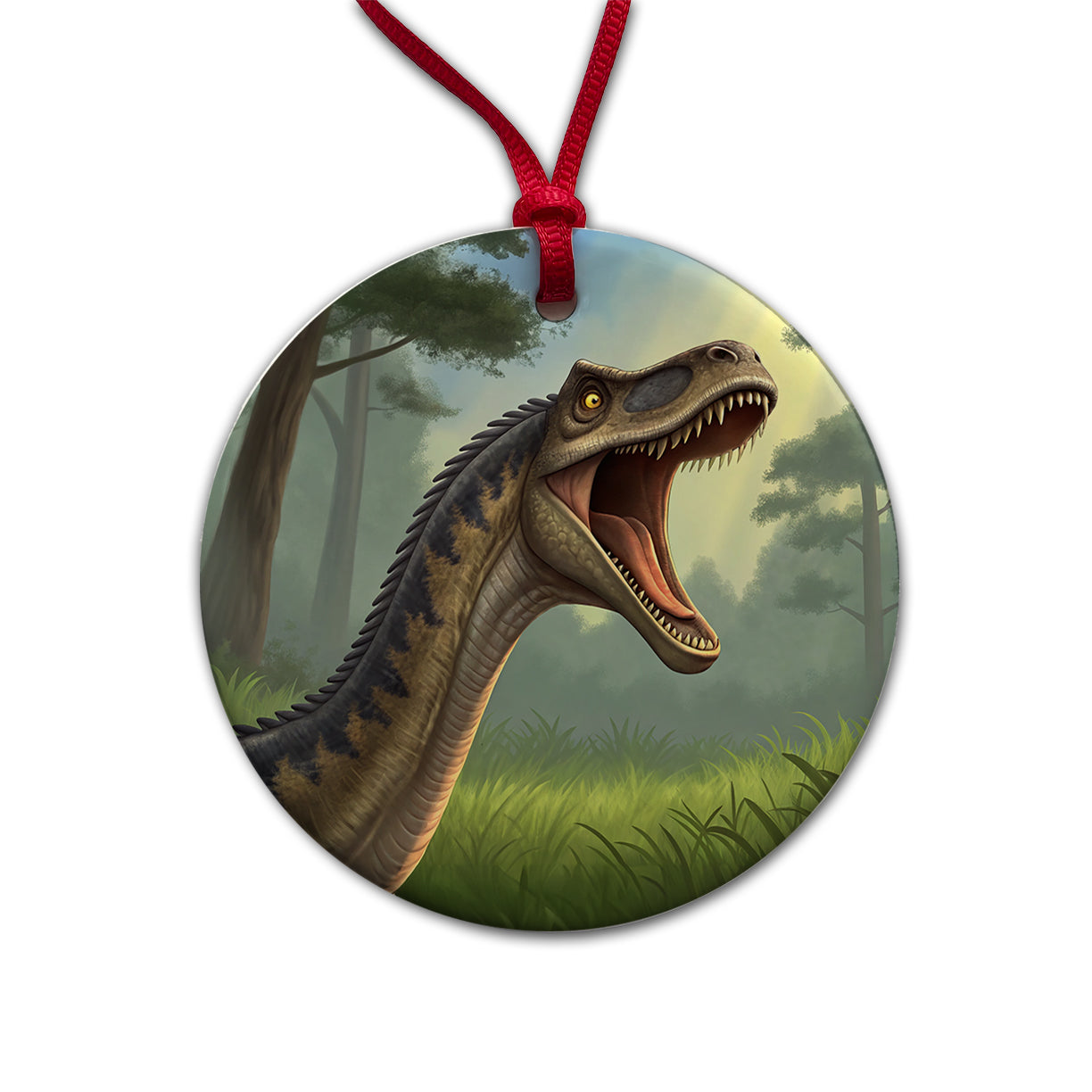 Roaring Diplodocus Dinosaur Forest Round Ceramic Holiday Christmas Tree Ornament