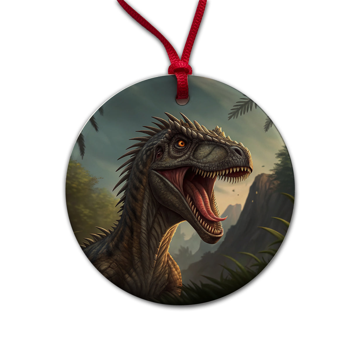 Roaring Eoraptor Dinosaur Scary Round Ceramic Holiday Christmas Tree Ornament