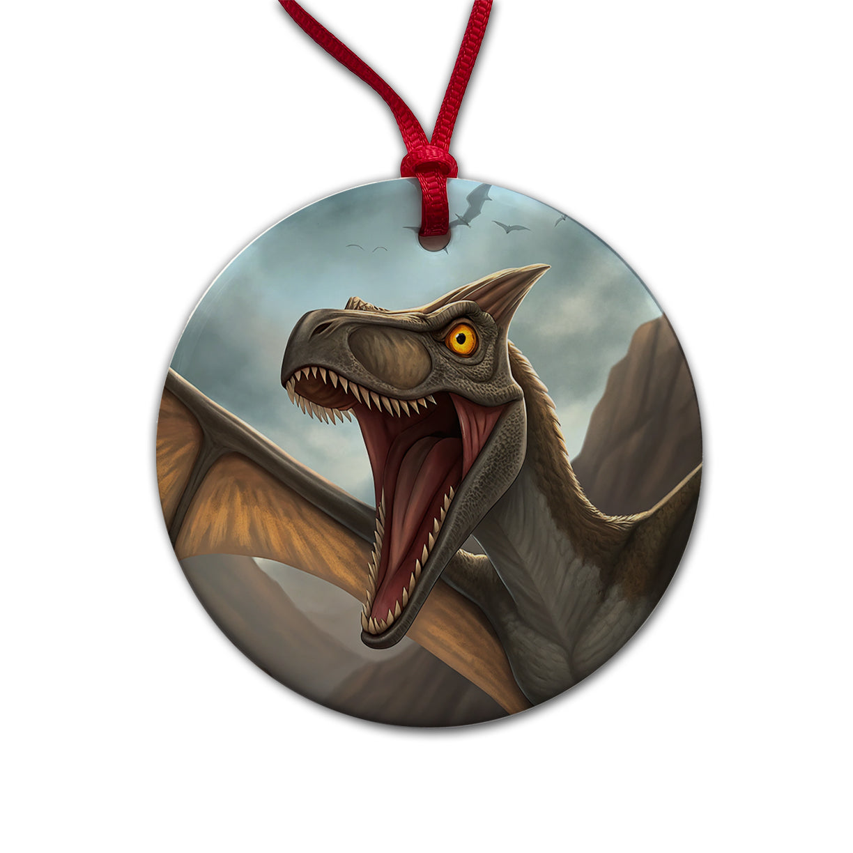 Roaring Pterodactylus Dinosaur Flying Round Ceramic Holiday Christmas Tree Ornament