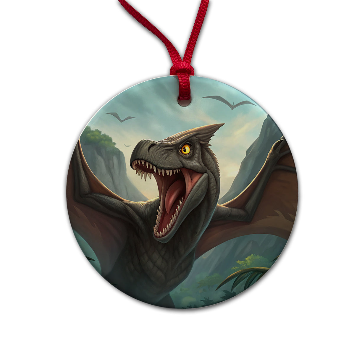 Roaring Pterodactylus Dinosaur Round Ceramic Holiday Christmas Tree Ornament