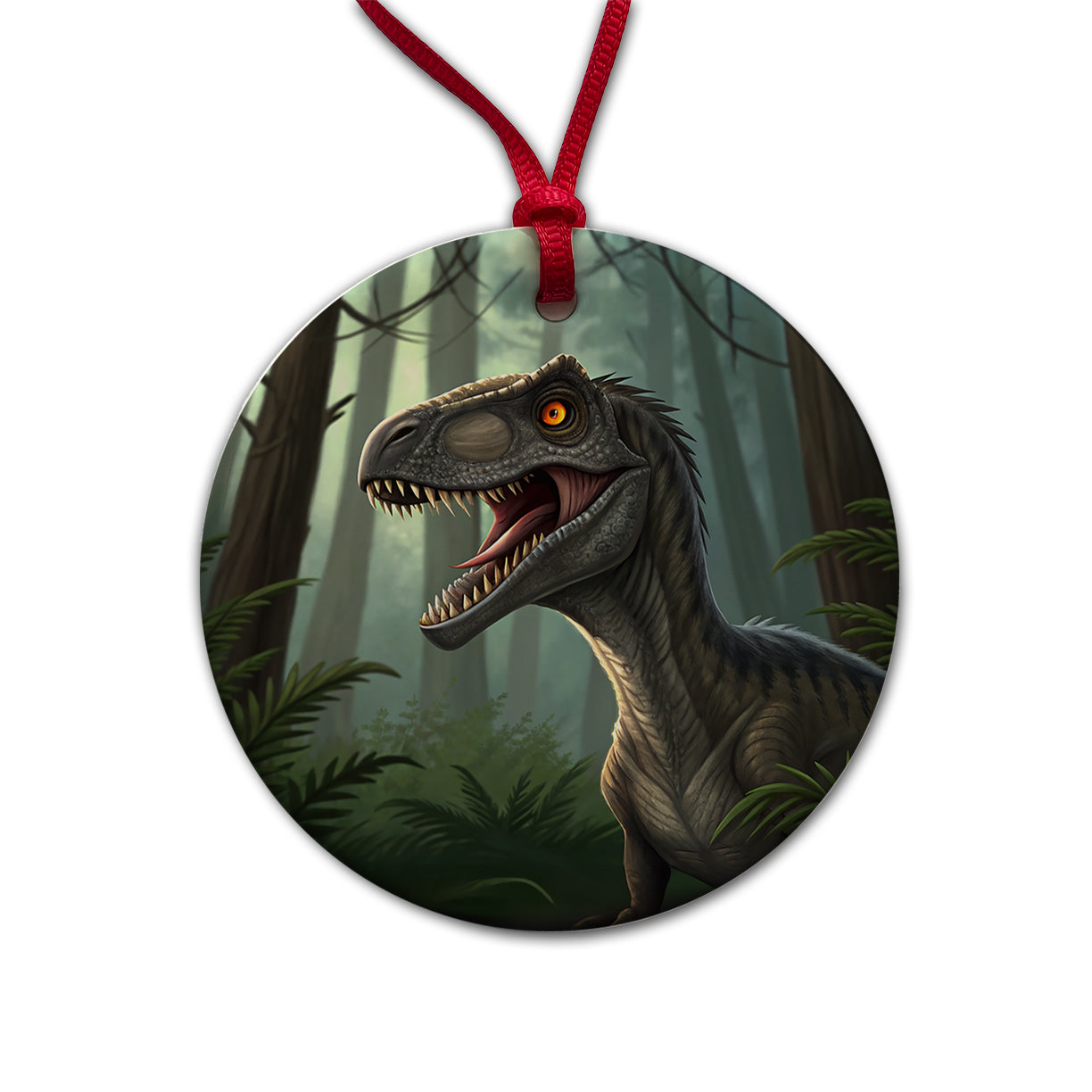 Roaring Raptor Dinosaur Forest Round Ceramic Holiday Christmas Tree Ornament