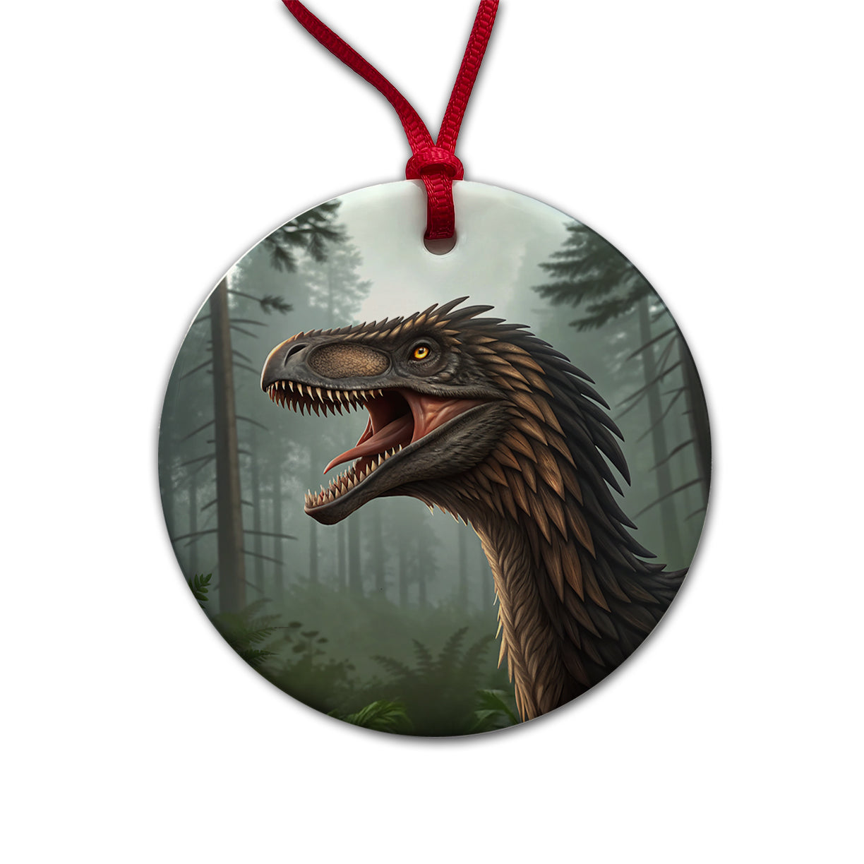 Roaring Raptor Dinosaur Round Ceramic Holiday Christmas Tree Ornament