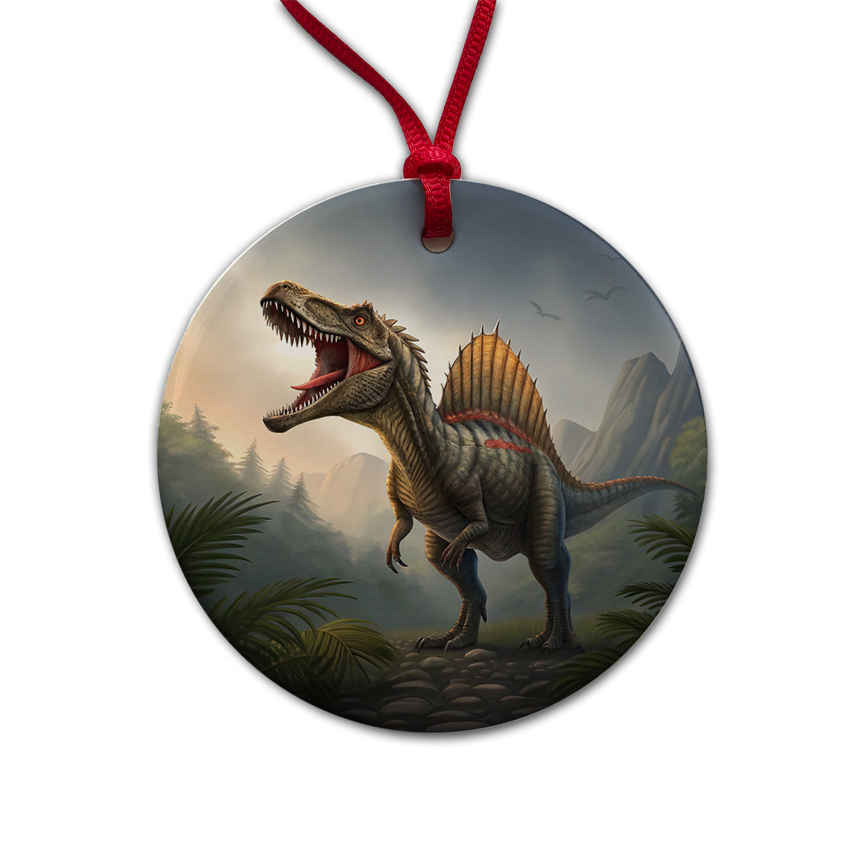 Roaring Spinosaurus Dinosaur Mountains Round Ceramic Holiday Christmas Tree Ornament