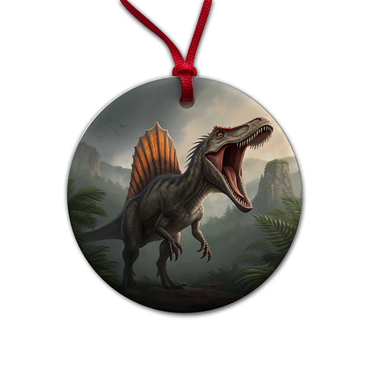 Roaring Spinosaurus Dinosaur Scary Round Ceramic Holiday Christmas Tree Ornament