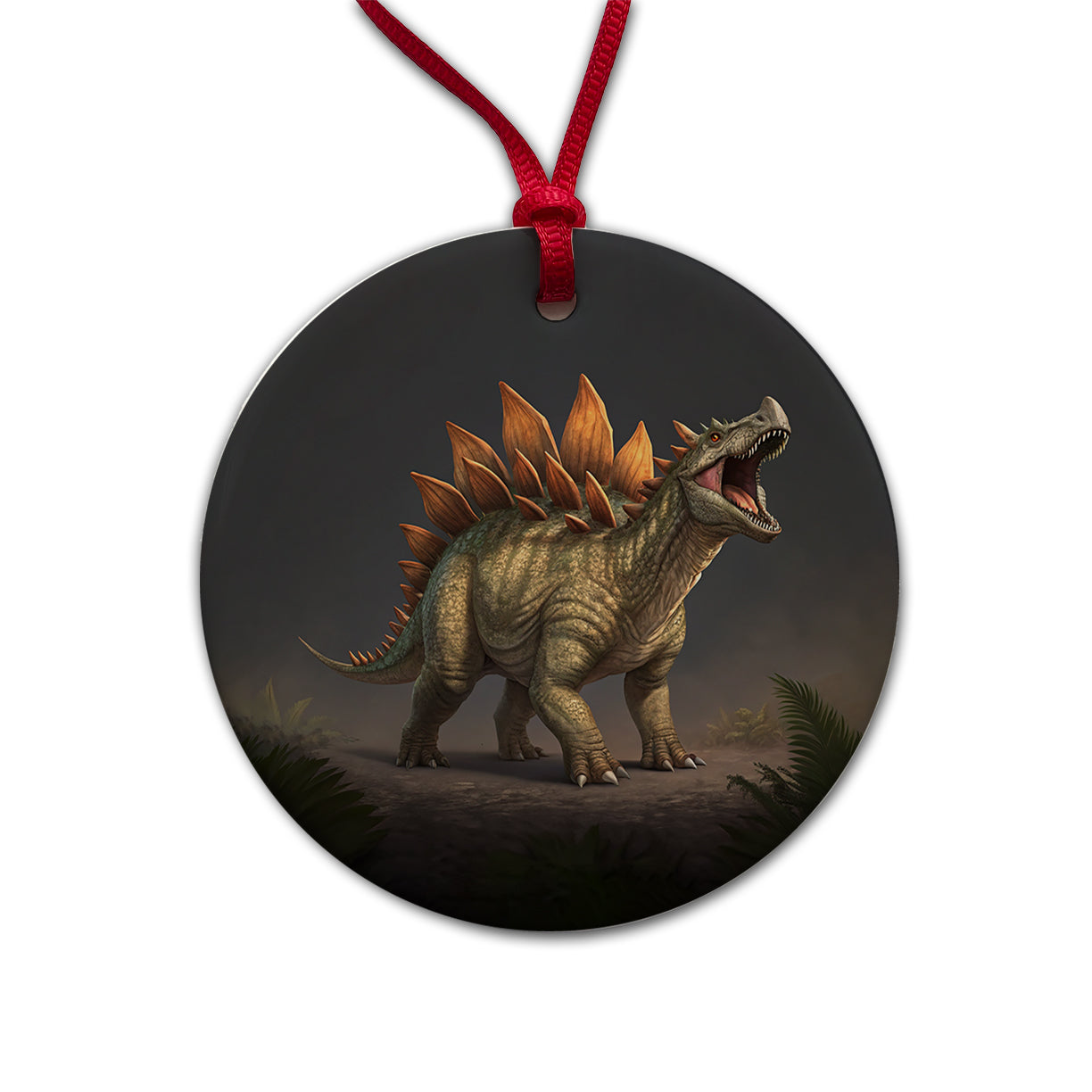 Roaring Stegosaurus Dinosaur Protective Round Ceramic Holiday Christmas Tree Ornament