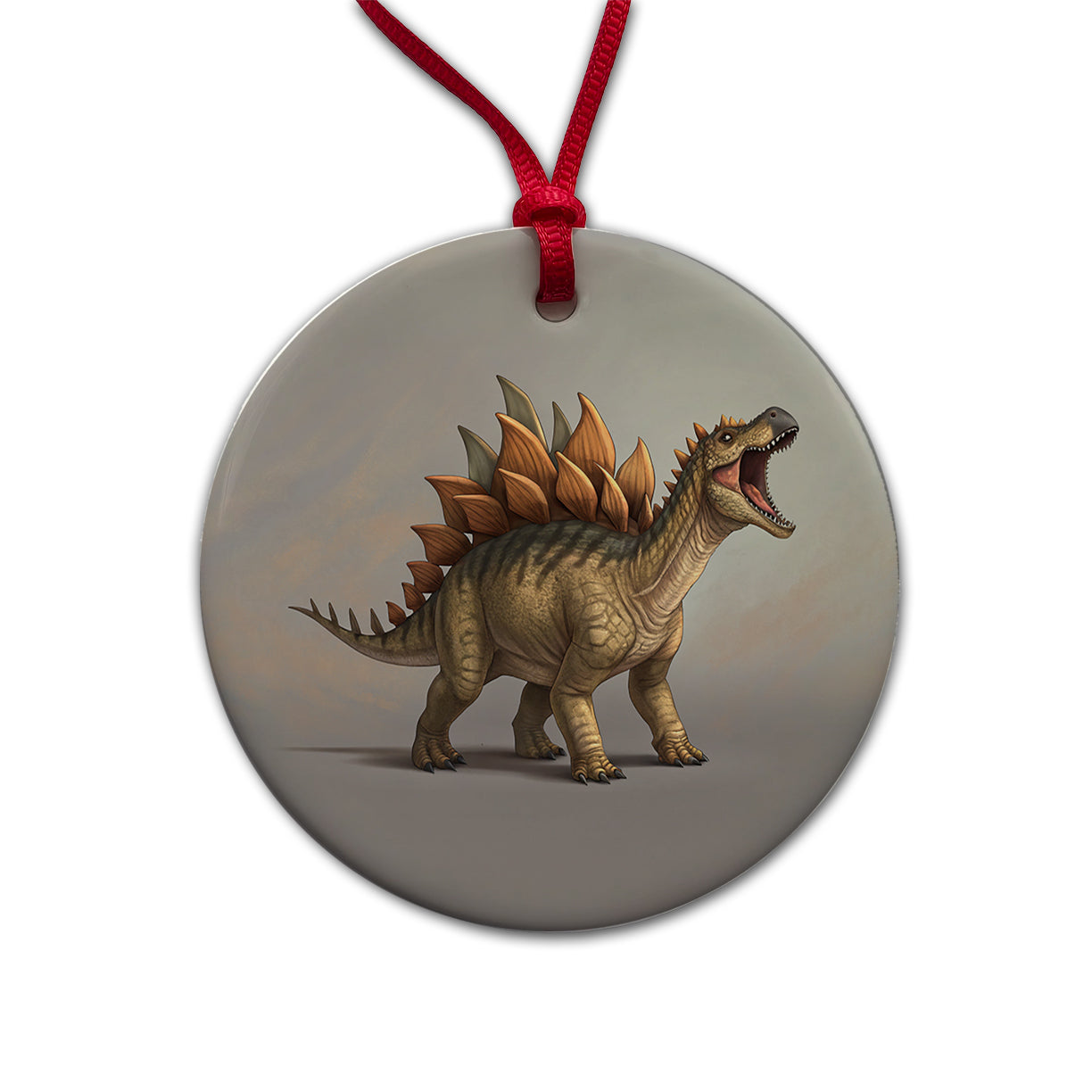 Roaring Stegosaurus Dinosaur Round Ceramic Holiday Christmas Tree Ornament