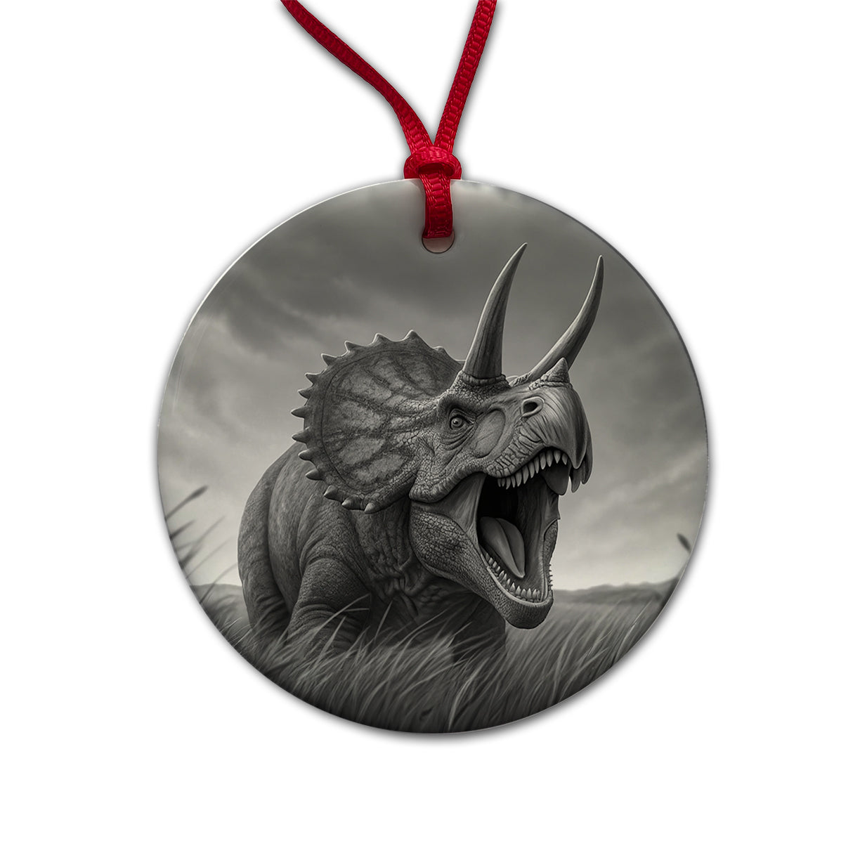 Roaring Triceratops Dinosaur Gray Round Ceramic Holiday Christmas Tree Ornament