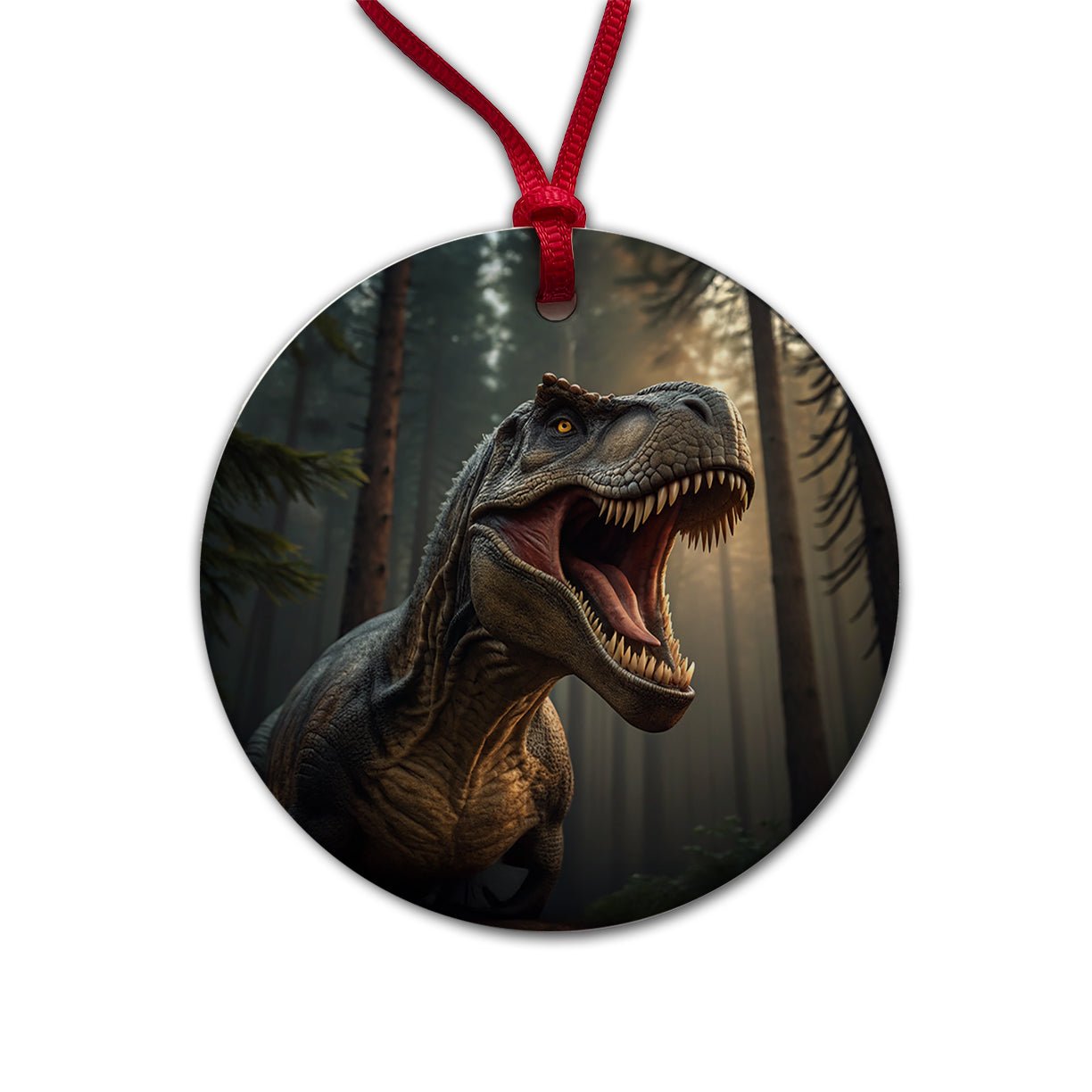 Roaring Tyrannosaurus Rex Dinosaur Round Ceramic Holiday Christmas Tree Ornament