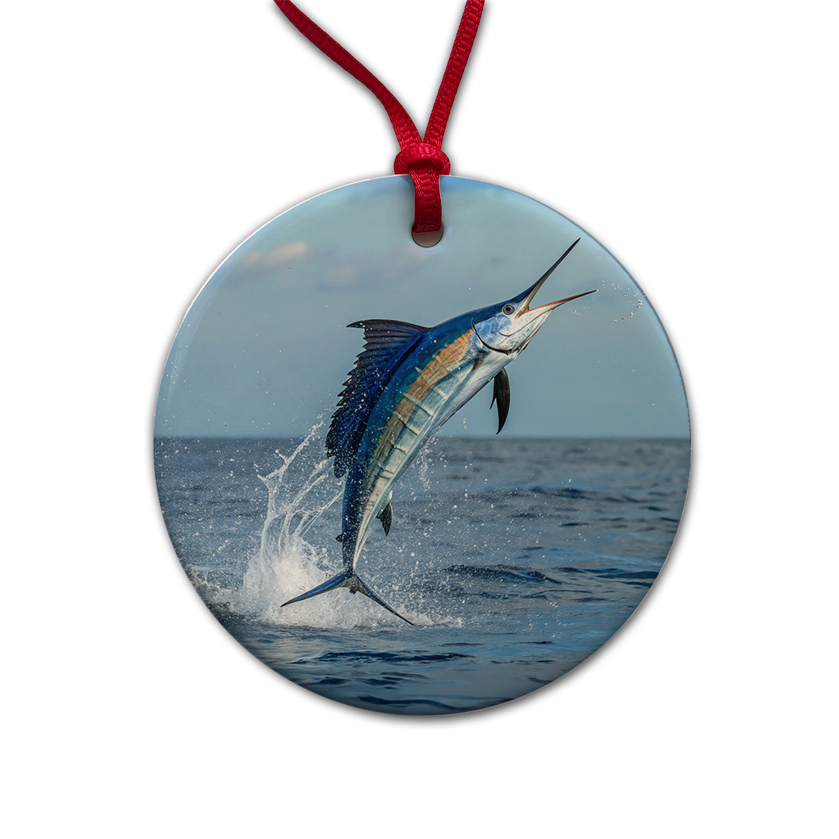 Sailfish Jumping Fishing Round Ceramic Holiday Christmas Tree Ornament