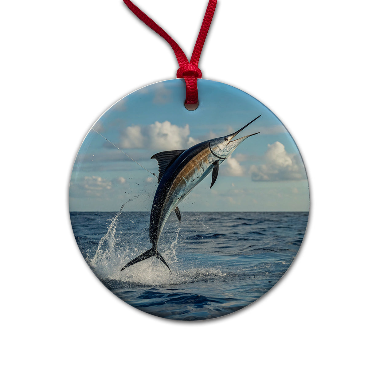 Sailfish Jumping Sea Fishing Round Ceramic Holiday Christmas Tree Ornament