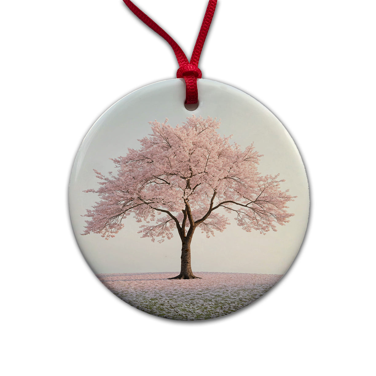 Sakura Cherry Blossom Tree Pink Flower Round Ceramic Holiday Christmas Tree Ornament