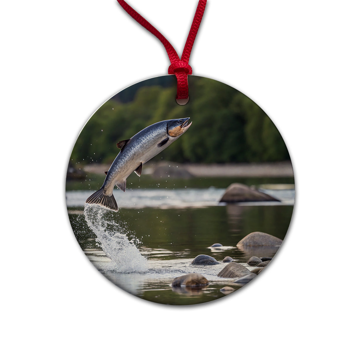 Salmon Fish Jumping Fishing Round Ceramic Holiday Christmas Tree Ornament