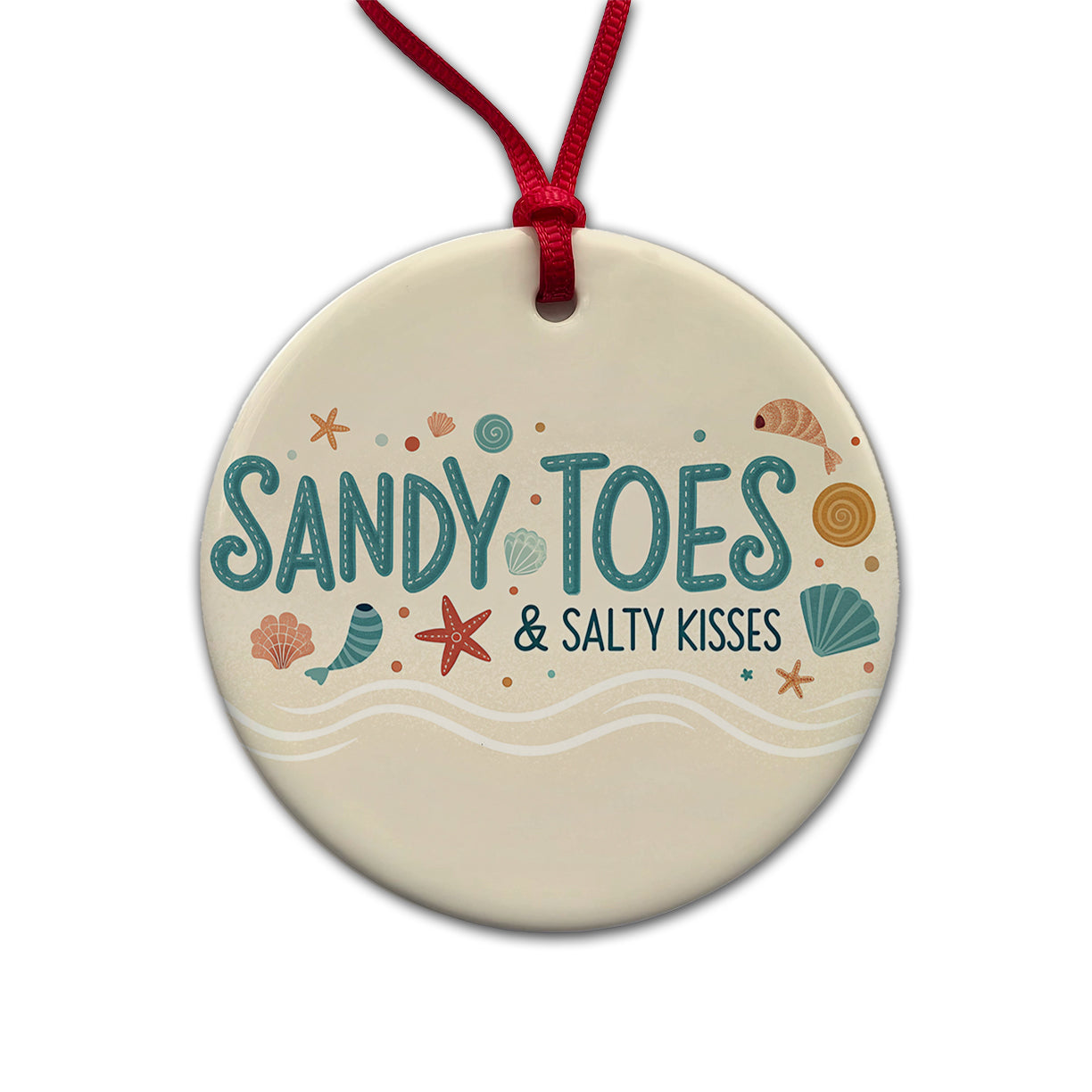 Sandy Toes Salty Kisses Ocean Beach Shells Round Ceramic Holiday Christmas Tree Ornament