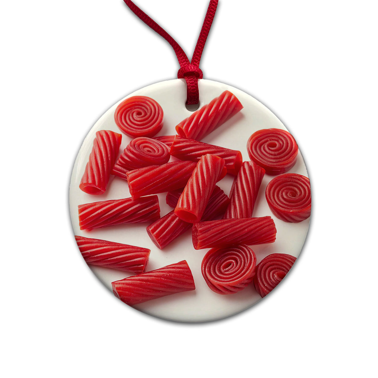 Scattered Red Licorice Round Ceramic Holiday Christmas Tree Ornament