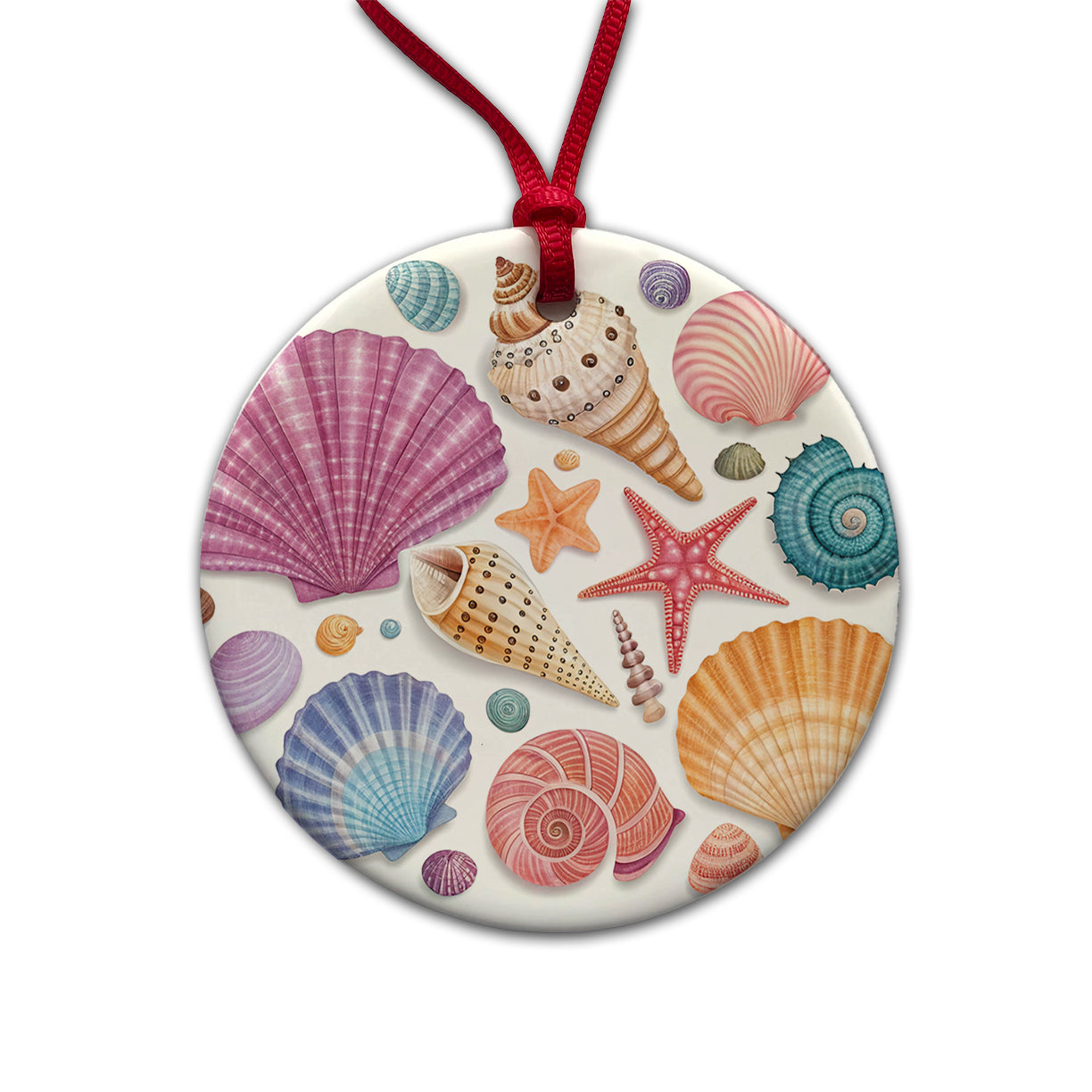 Seashell Collage Colorful Round Ceramic Holiday Christmas Tree Ornament