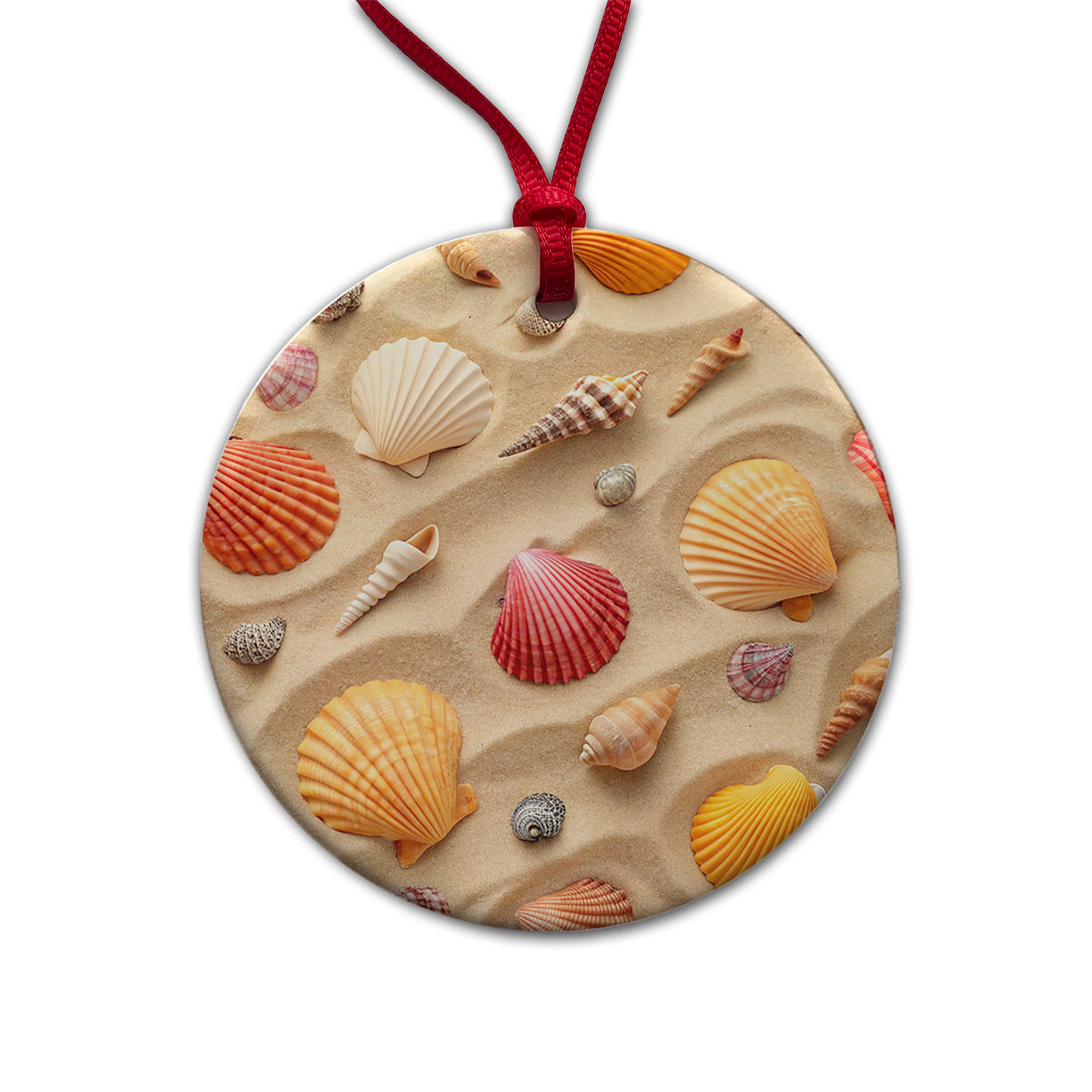Seashell Collage On Sandy Background Beach Round Ceramic Holiday Christmas Tree Ornament