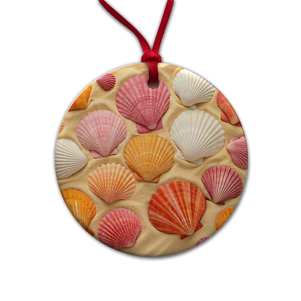 Seashells On Sandy Beach Background Round Ceramic Holiday Christmas Tree Ornament