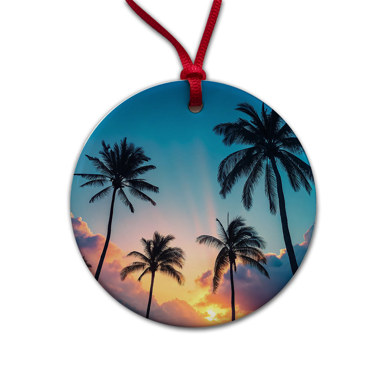 Silhouetted Palm Trees Beautiful Sky Round Ceramic Holiday Christmas Tree Ornament