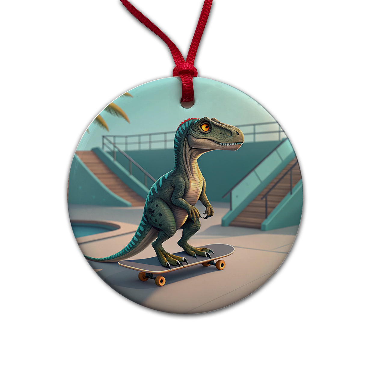 Skateboarding Raptor Dinosaur Funny Round Ceramic Holiday Christmas Tree Ornament