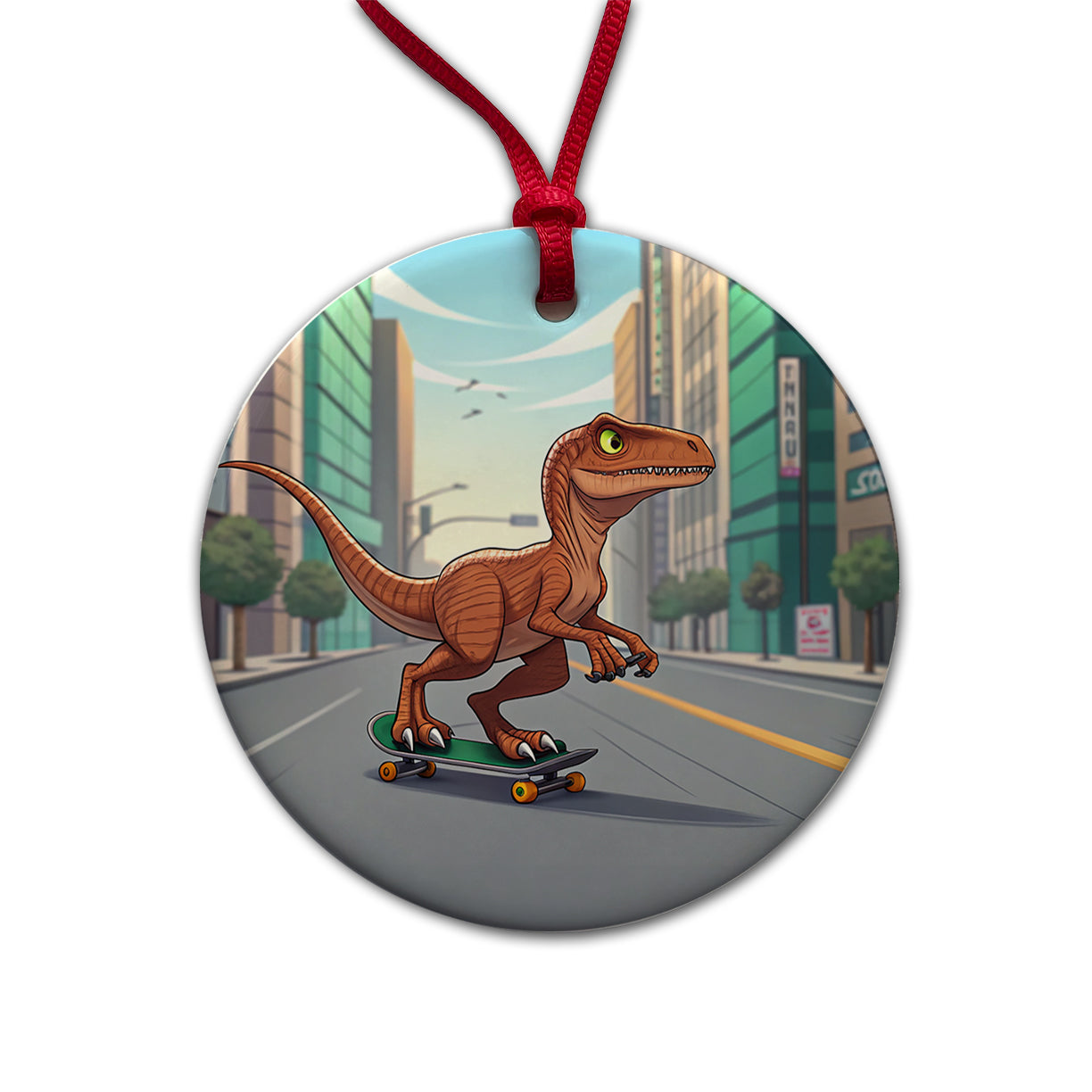 Skateboarding Raptor Dinosaur Round Ceramic Holiday Christmas Tree Ornament