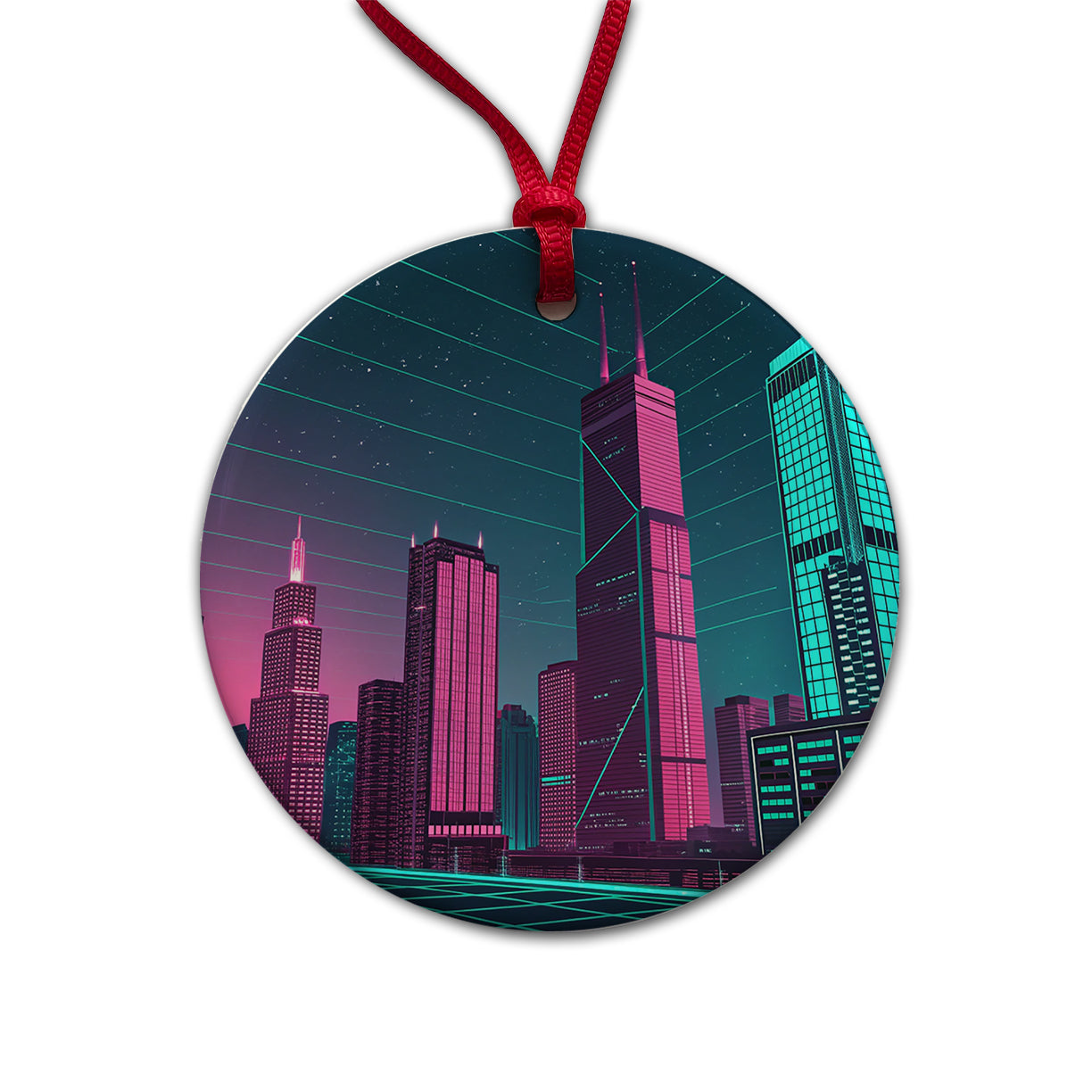 Skyscrapers Lit Pink Teal Glitch Effects Round Ceramic Holiday Christmas Tree Ornament