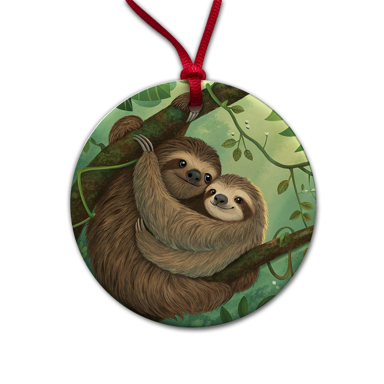 Sloths Hugging Love Round Ceramic Holiday Christmas Tree Ornament
