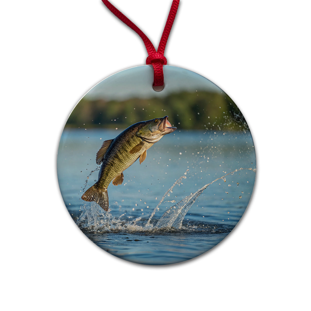 Smallmouth Bass Fish Jumping Fishing Round Ceramic Holiday Christmas Tree Ornament