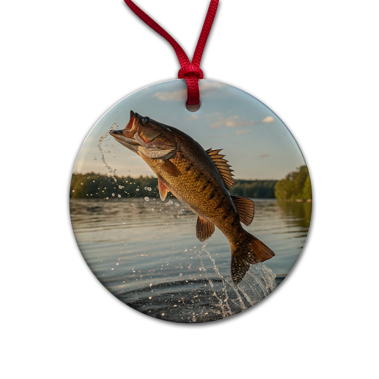 Smallmouth Bass Fish Jumping River Fishing Round Ceramic Holiday Christmas Tree Ornament