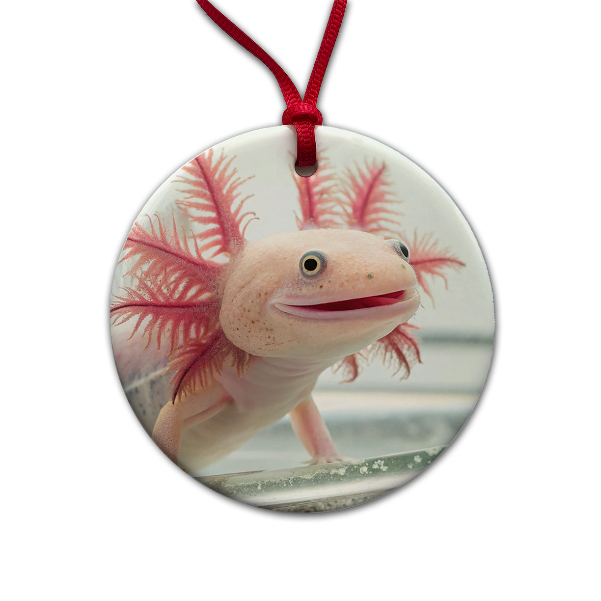 Smiling Axolotl Cute Funny Round Ceramic Holiday Christmas Tree Ornament