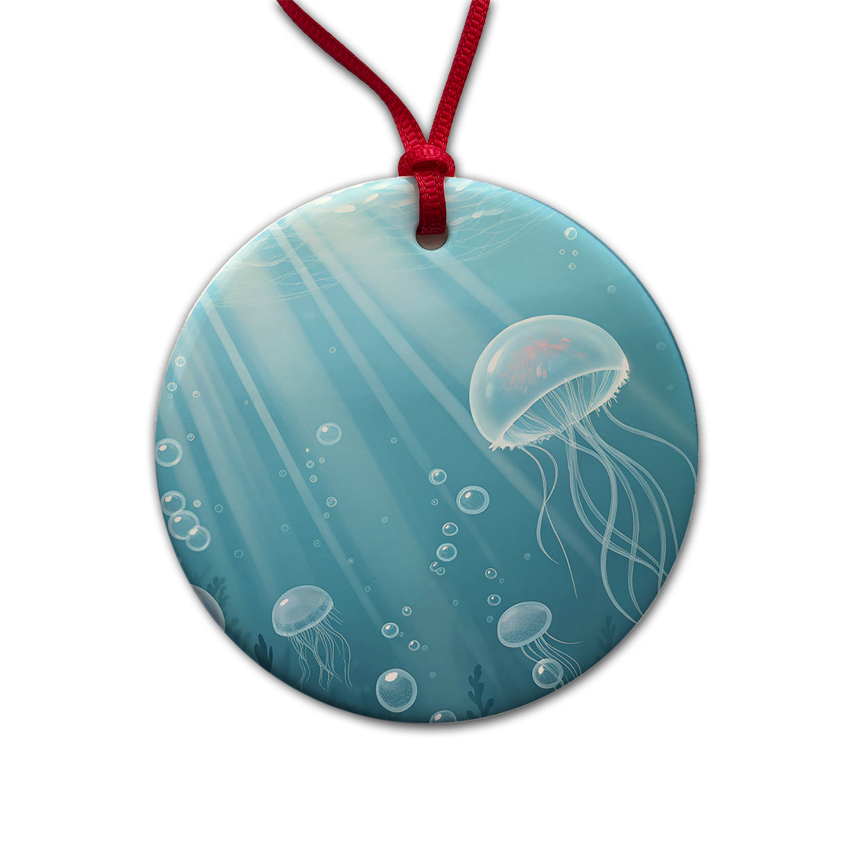 Soft Blue Tones Floating Jellyfish Bubbles Ocean Round Ceramic Holiday Christmas Tree Ornament