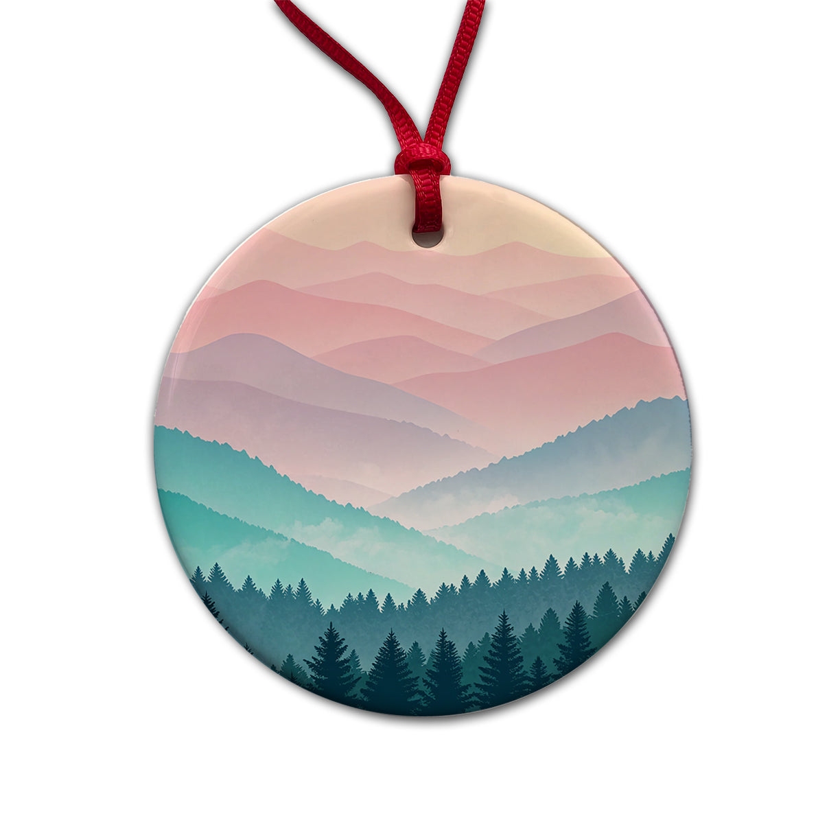 Soft Gradient Pastels Hills Trees Round Ceramic Holiday Christmas Tree Ornament