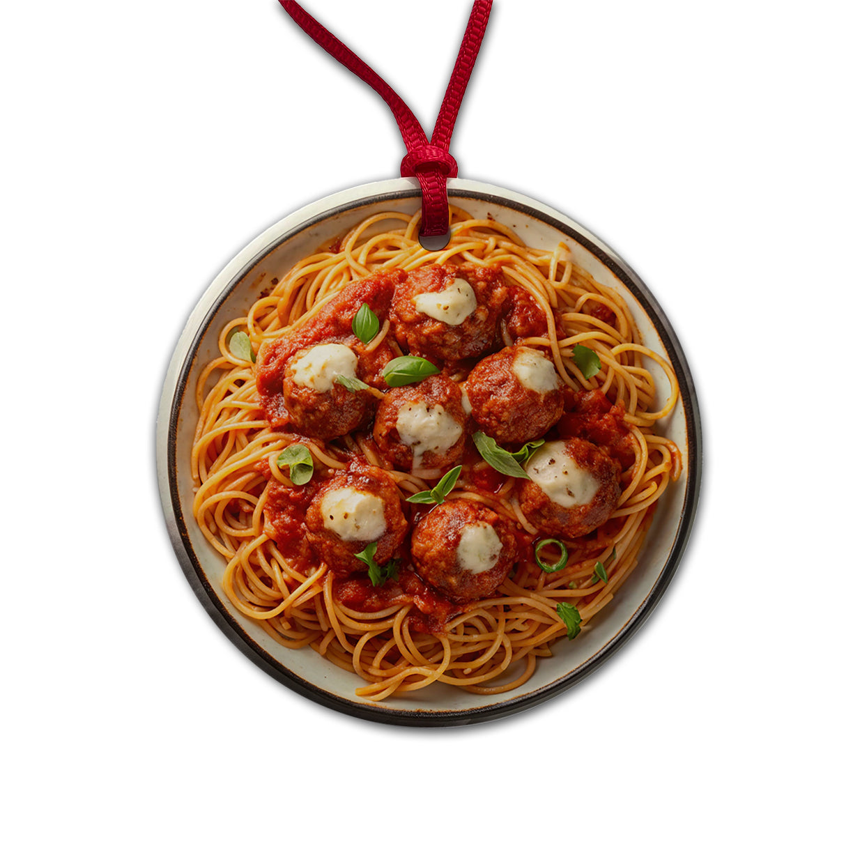 Spaghetti And Meatballs Top Down View Pasta Round Ceramic Holiday Christmas Tree Ornament