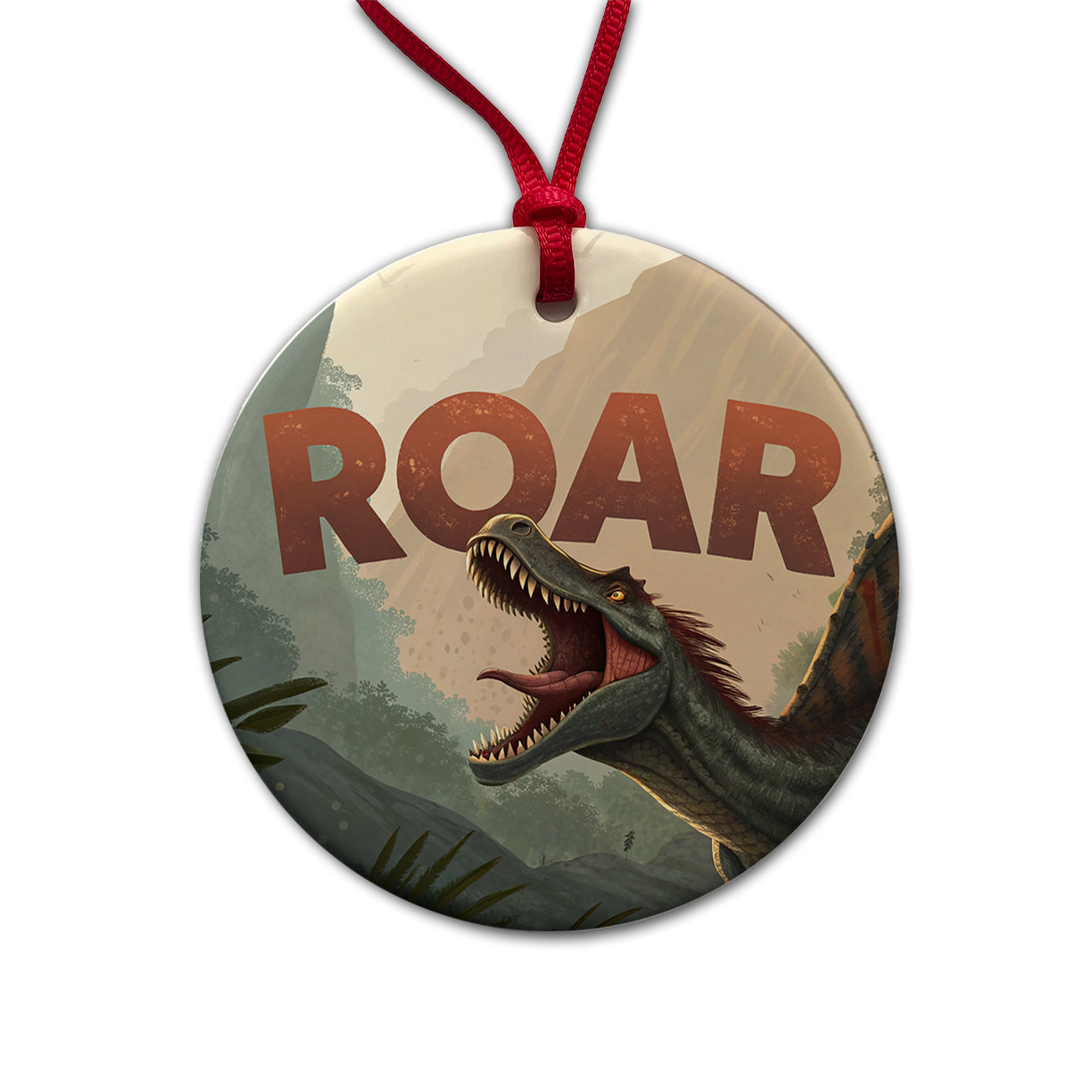 Spinosaurus Roar Bold Text Dinosaur Round Ceramic Holiday Christmas Tree Ornament