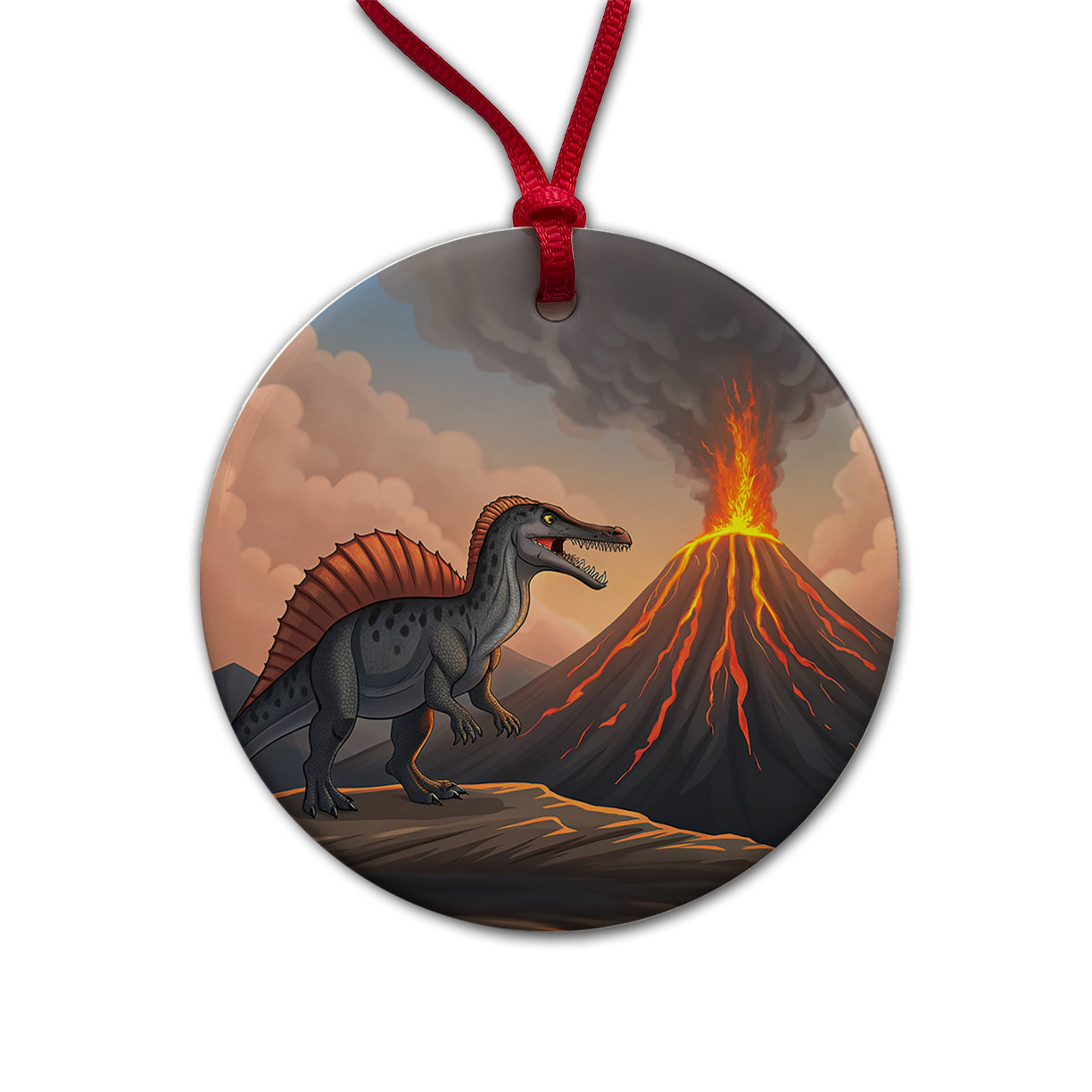 Spinosaurus Volcano Erupting Dinosaur Round Ceramic Holiday Christmas Tree Ornament
