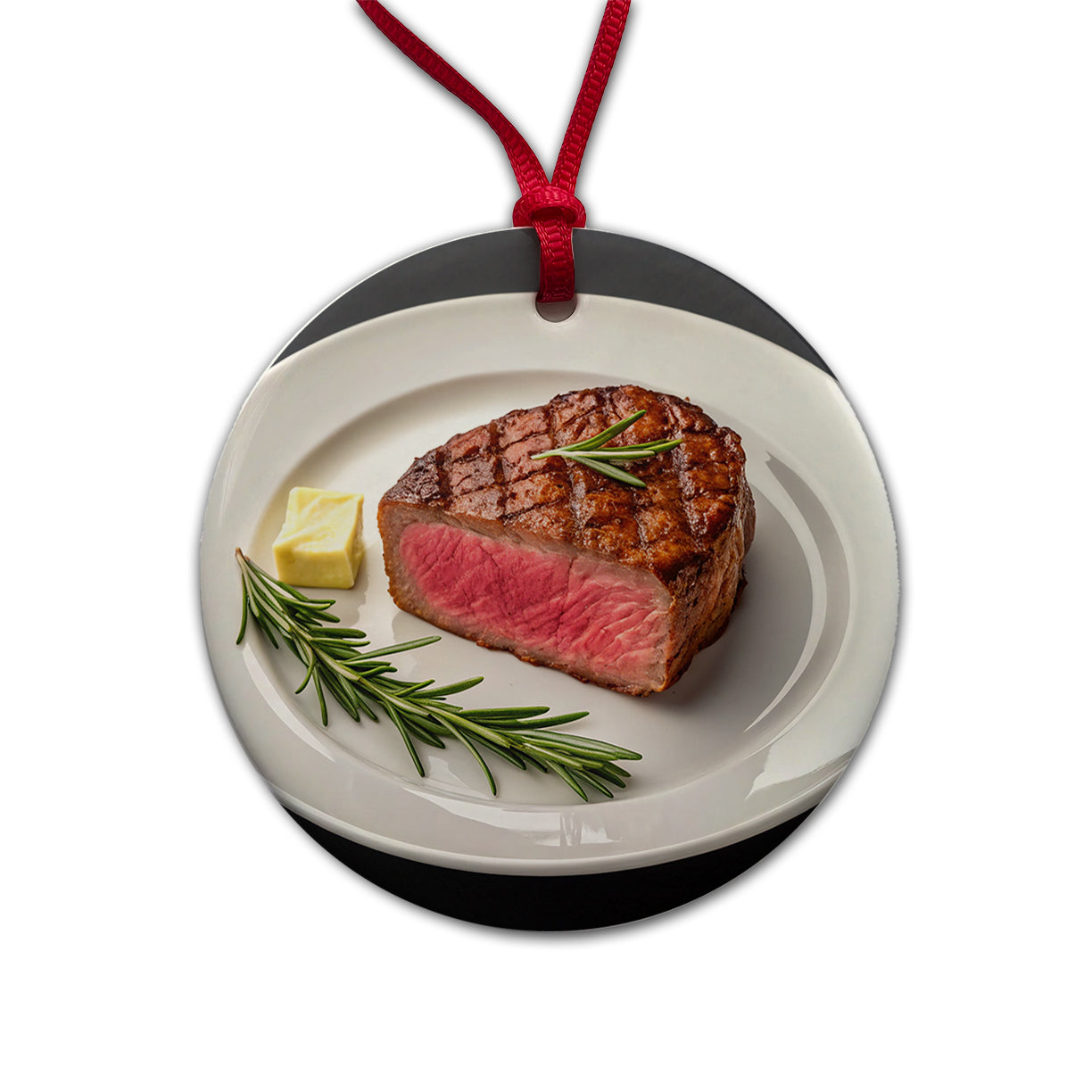 Steak Dinner On Plate Round Ceramic Holiday Christmas Tree Ornament