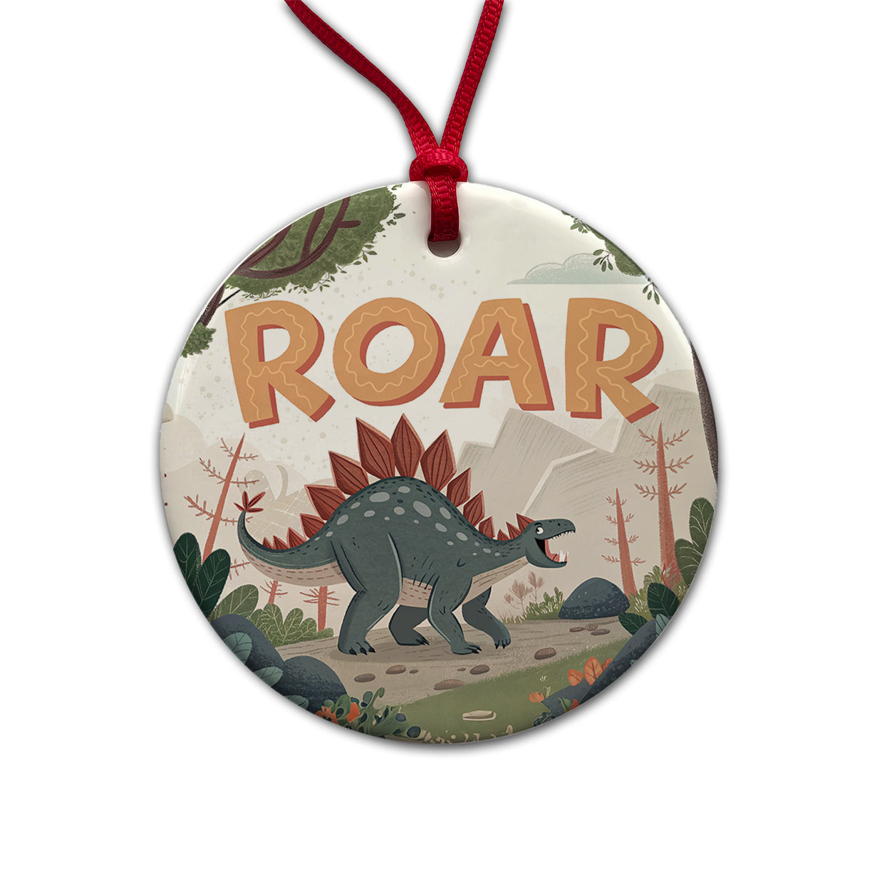 Stegosaurus With Roar Bold Text Dinosaur Round Ceramic Holiday Christmas Tree Ornament