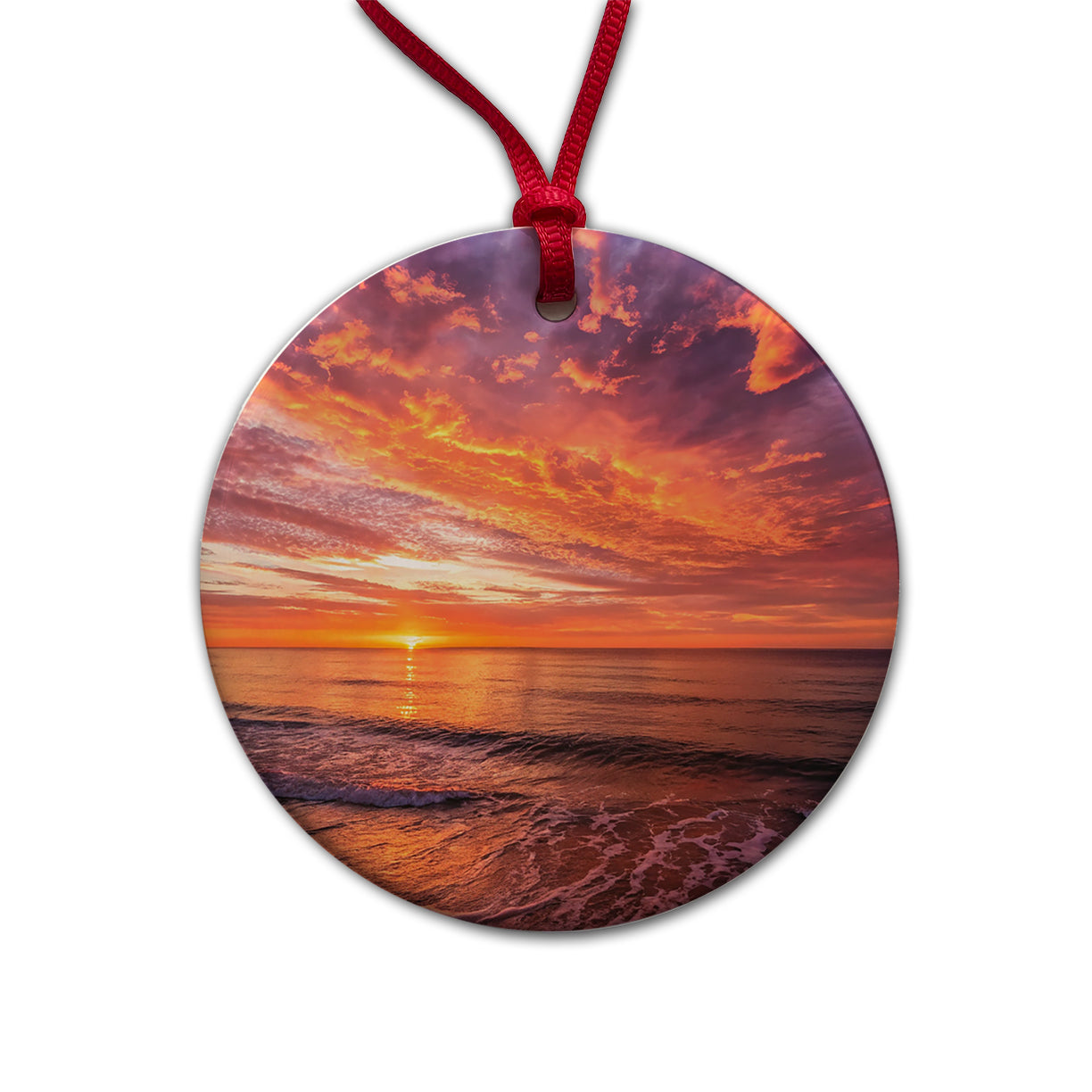 Sunrise Sunset Over The Ocean Round Ceramic Holiday Christmas Tree Ornament