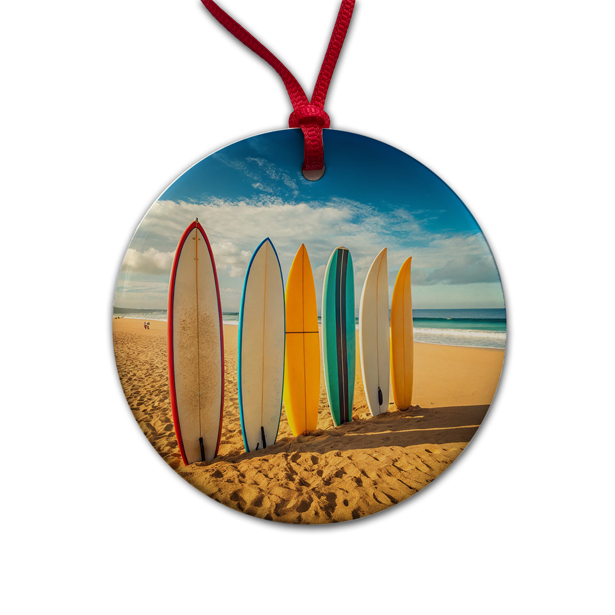 Surfboard Lineup On Beach Round Ceramic Holiday Christmas Tree Ornament